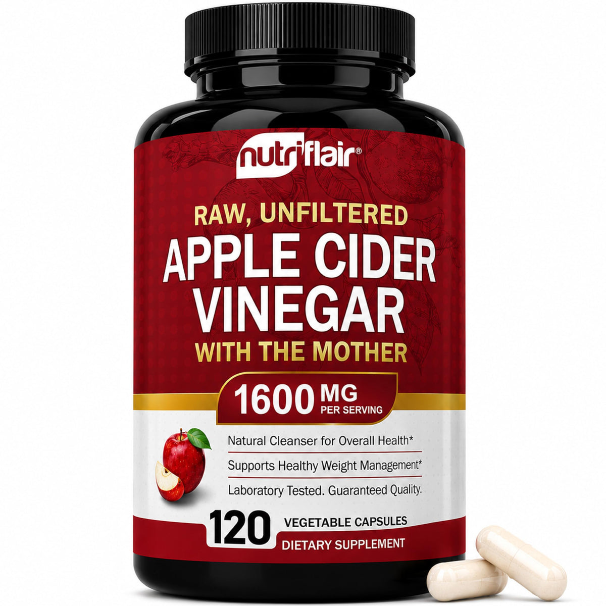 NutriFlair Apple Cider Vinegar Capsules with Mother 1600mg - 120 Capsules