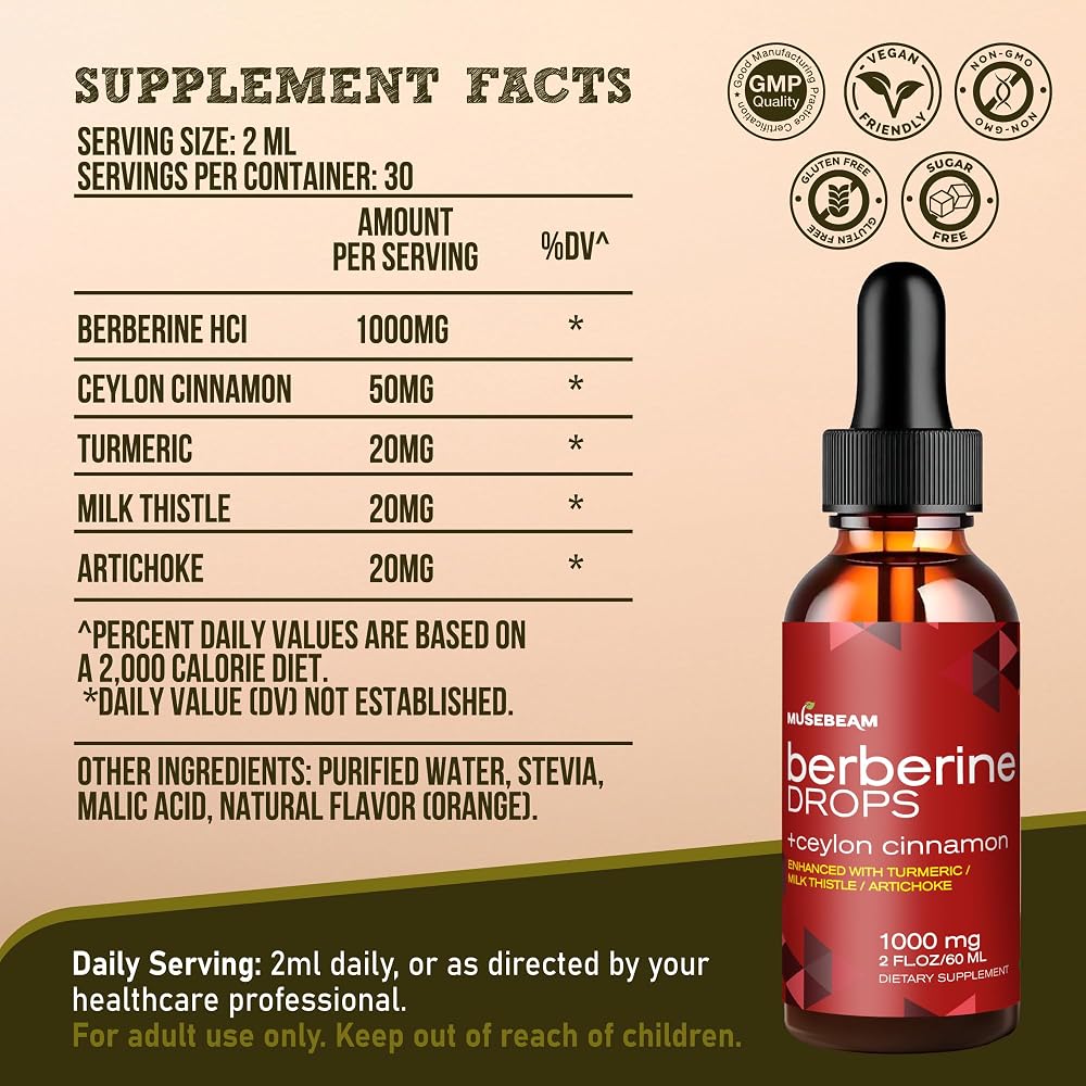 musebeam Organic Berberine HCl 1000mg Liquid Drops - Ceylon Cinnamon