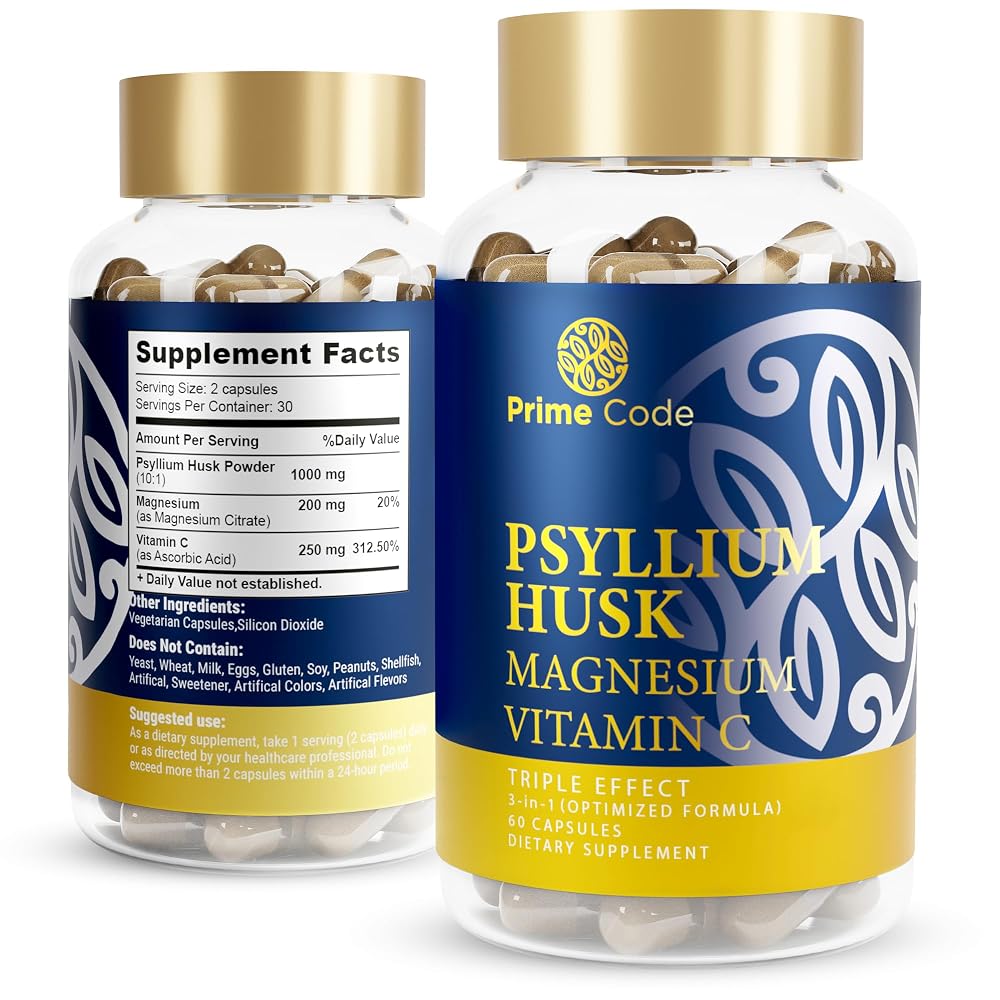Prime Code Psyllium Husk Capsules with Magnesium & Vitamin C - 60 Capsules