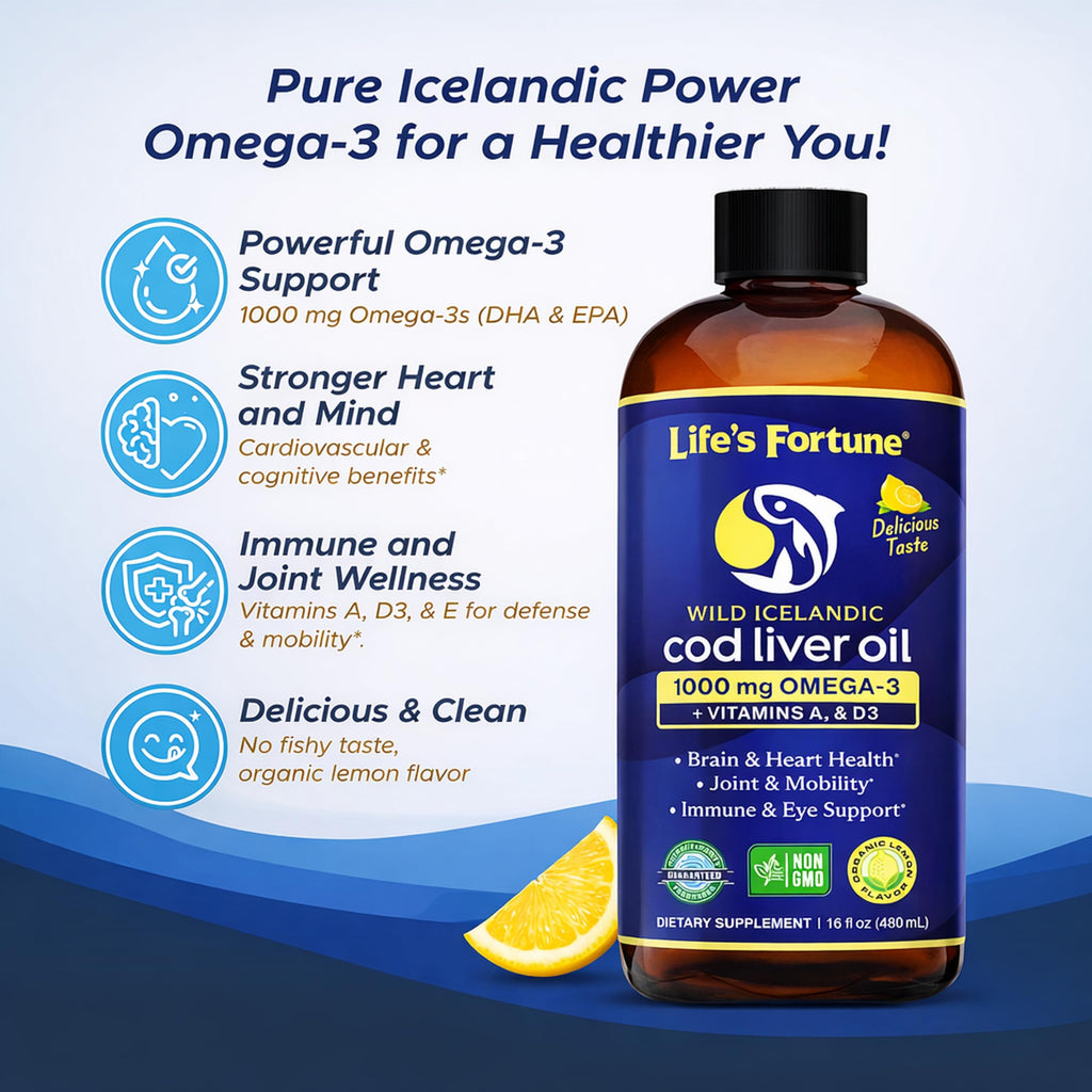 Life's Fortune Cod Liver Oil Liquid Lemon Flavor Organic Supplement