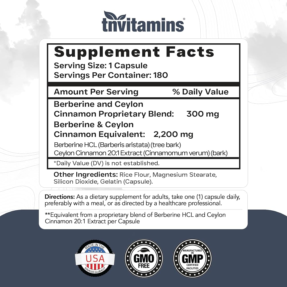TNVitamins Berberine with Ceylon Cinnamon 2200 mg - 180 Capsules - image 2