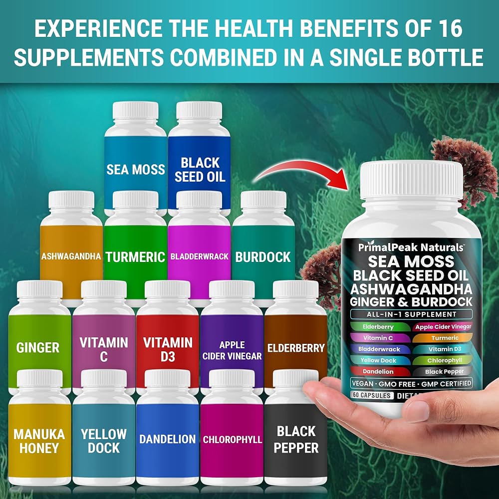 PrimalPeak Naturals Sea Moss Black Seed Oil Ashwagandha Ginger