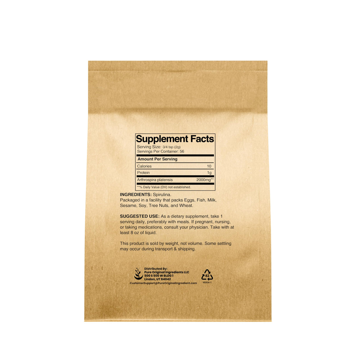 PURE ORIGINAL INGREDIENTS Spirulina Powder Green Algae Superfood