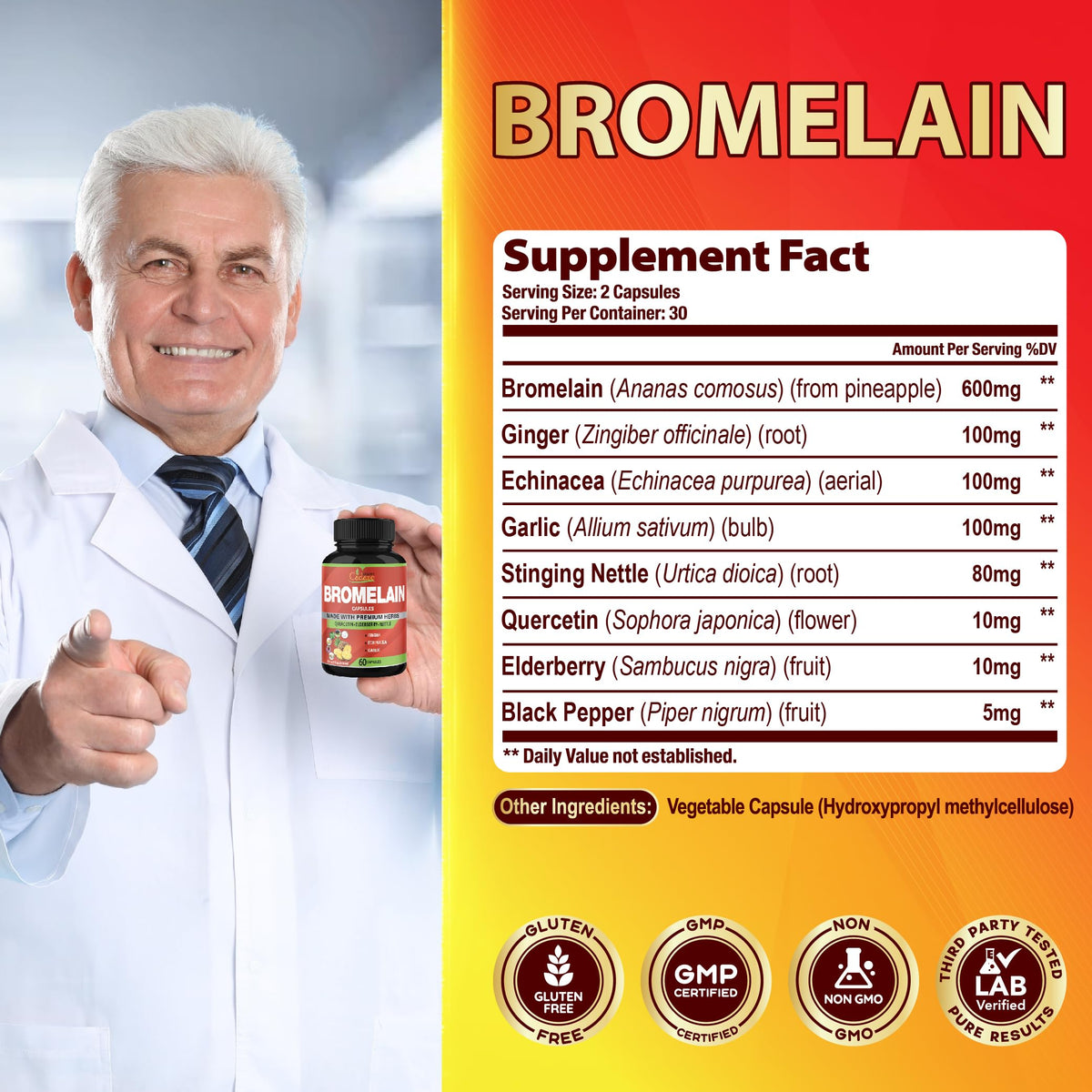 Organic Cadane Bromelain Extract with Quercetin - 60 Capsules - image 6