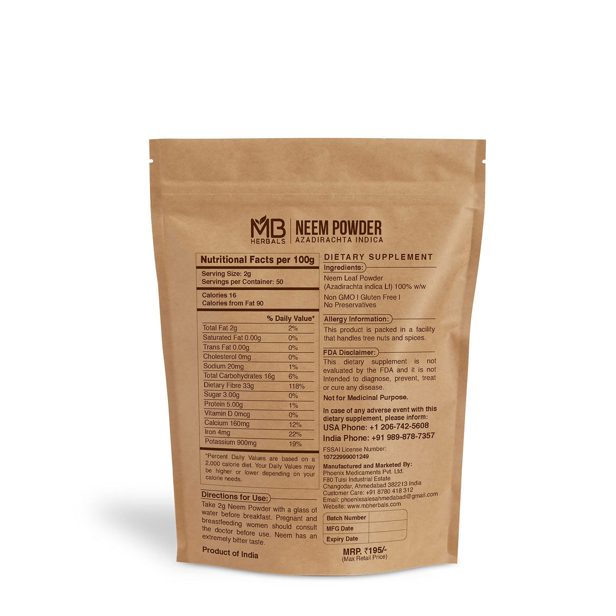MB Herbals Pure Neem Leaf Powder 100 Gram / 3.5 oz