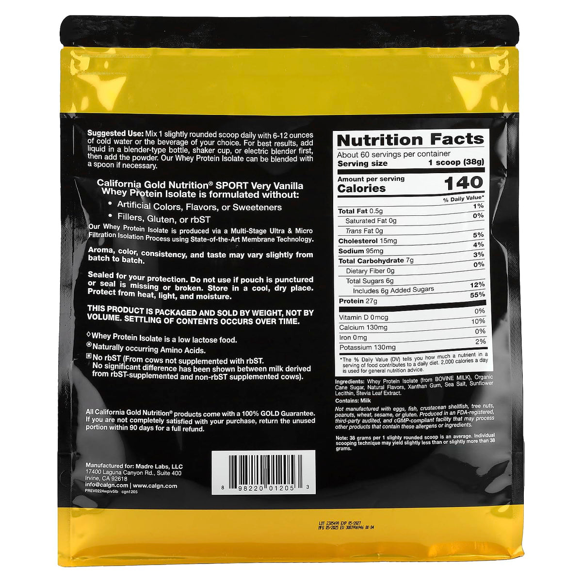 California Gold Nutrition Whey Protein Isolate Very Vanilla - 5 lb - image 2