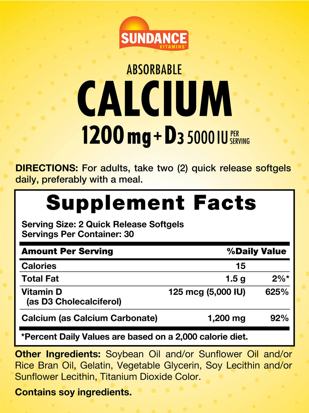 Sundance Calcium 1200 mg with Vitamin D3 5000 IU - 60 Softgels - image 2
