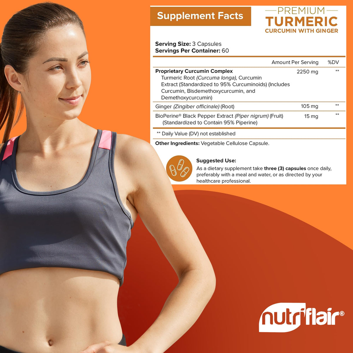 NutriFlair Turmeric Curcumin 2250mg with Ginger & BioPerine - 180 Capsules - image 2