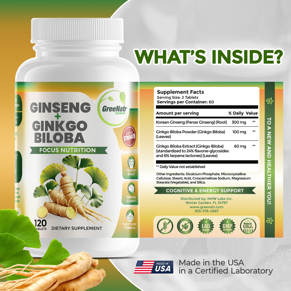 GreeNatr Ginkgo Biloba & Panax Ginseng Brain Supplement - 120 Tablets - image 6