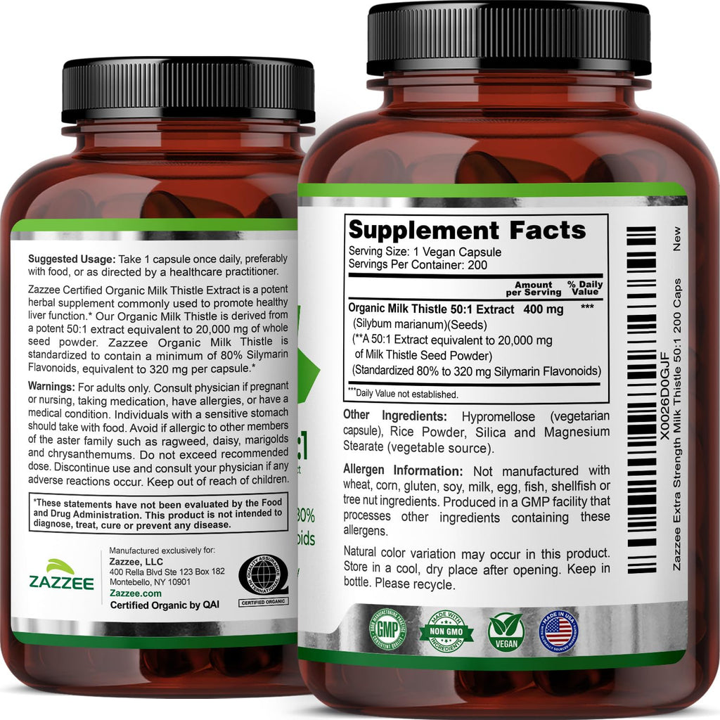 Zazzee USDA Organic Milk Thistle 50:1 Extract - 200 Capsules - image 9
