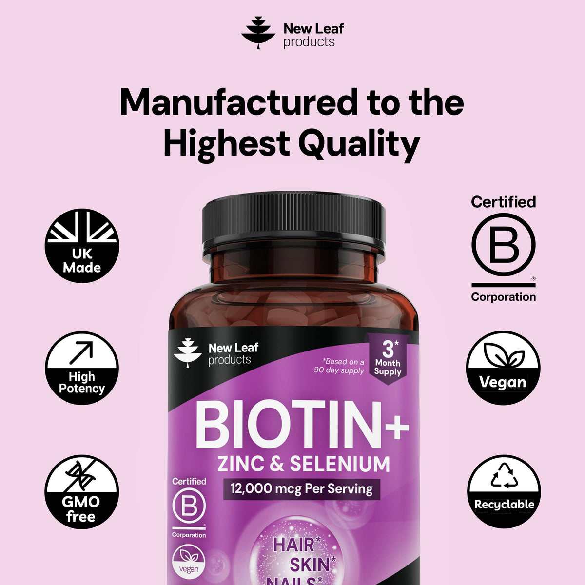 New Leaf Biotin 12000mcg Hair Skin Nails Vitamins - 180 Tablets - image 4