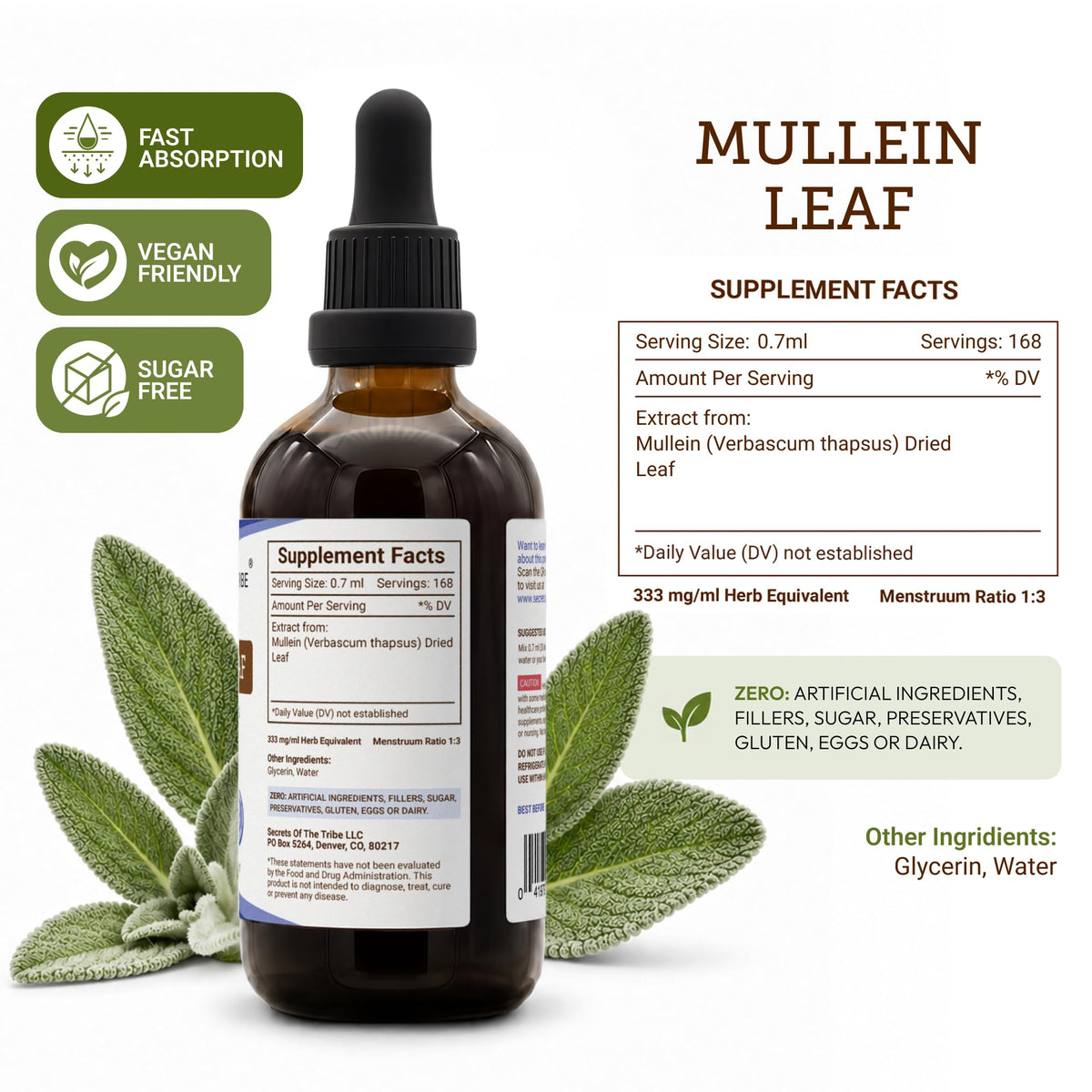 Secrets of the Tribe Mullein Leaf Tincture Alcohol-Free Liquid Extract