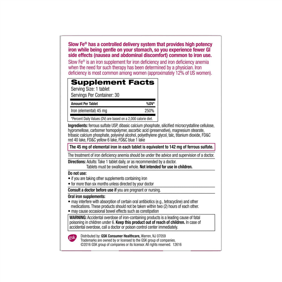 Slow Fe Iron Supplement Tablets, High Potency - 30 Tablets - image 2