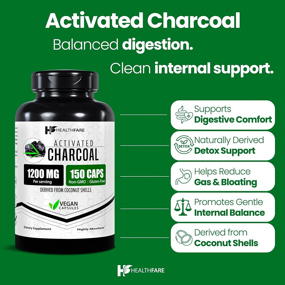 Healthfare Activated Charcoal 1200mg - 150 Vegetarian Capsules - image 2