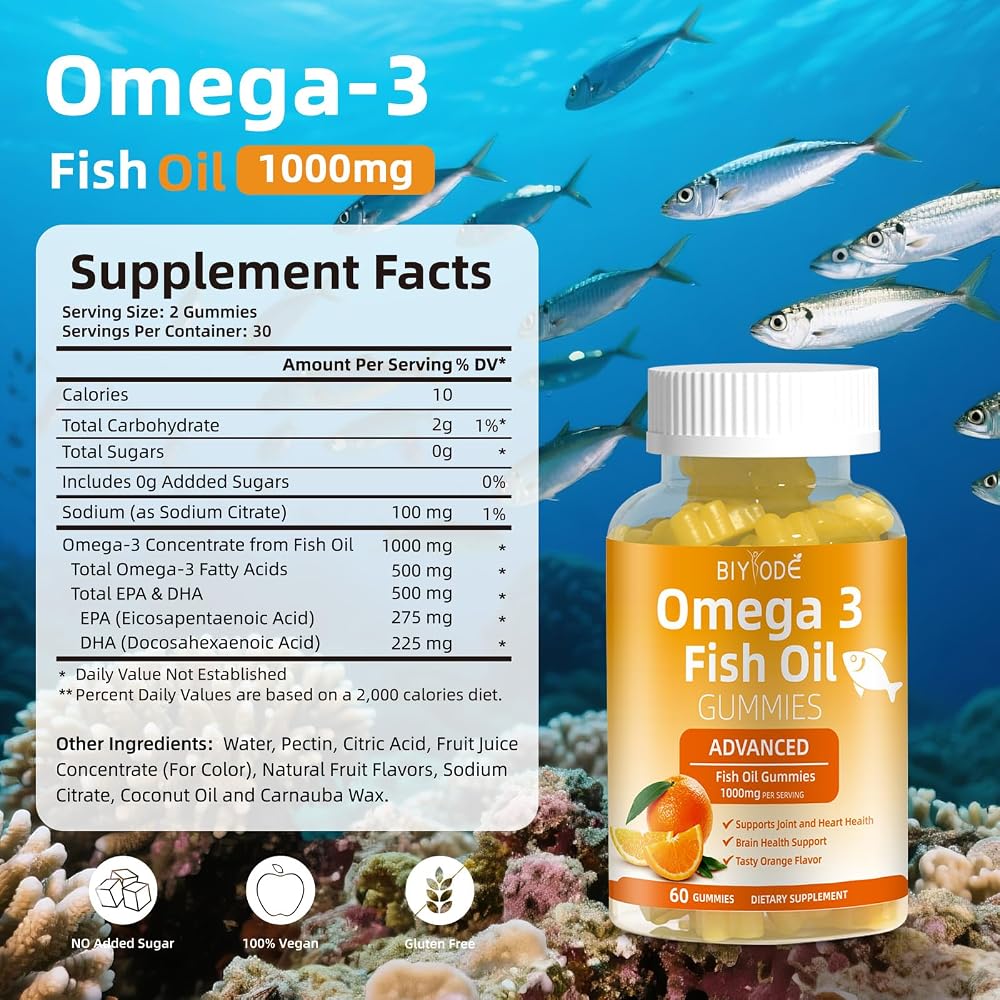 BIYODE Omega-3 Fish Oil 1000mg Gummies Heart & Brain Support - 60 Gummies - image 2