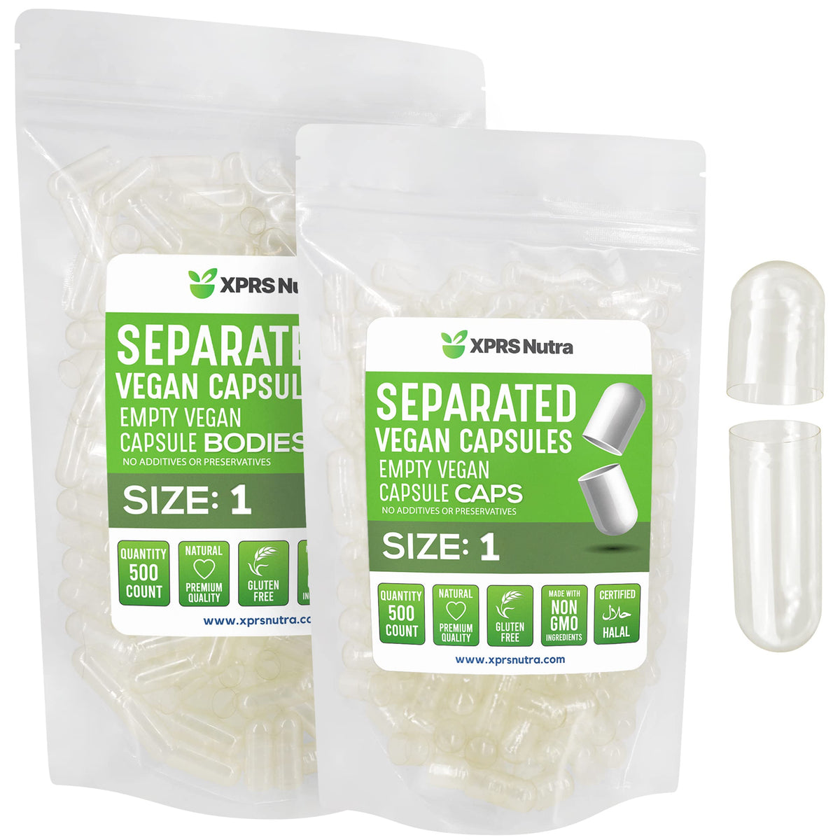 XPRS Nutra Vegan Size 1 Premium Empty Capsules - Separated in Bags