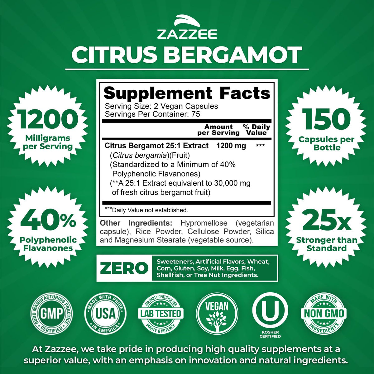 Zazzee Citrus Bergamot 25:1 Extract 1200 mg - 150 Capsules - image 3