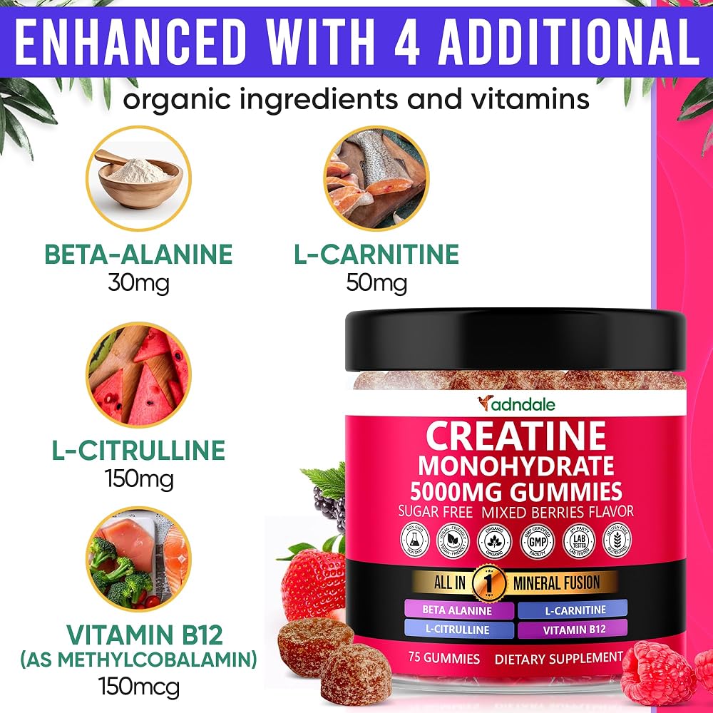 Adndale Creatine Monohydrate Gummies for Fitness - 75 Gummies - image 3