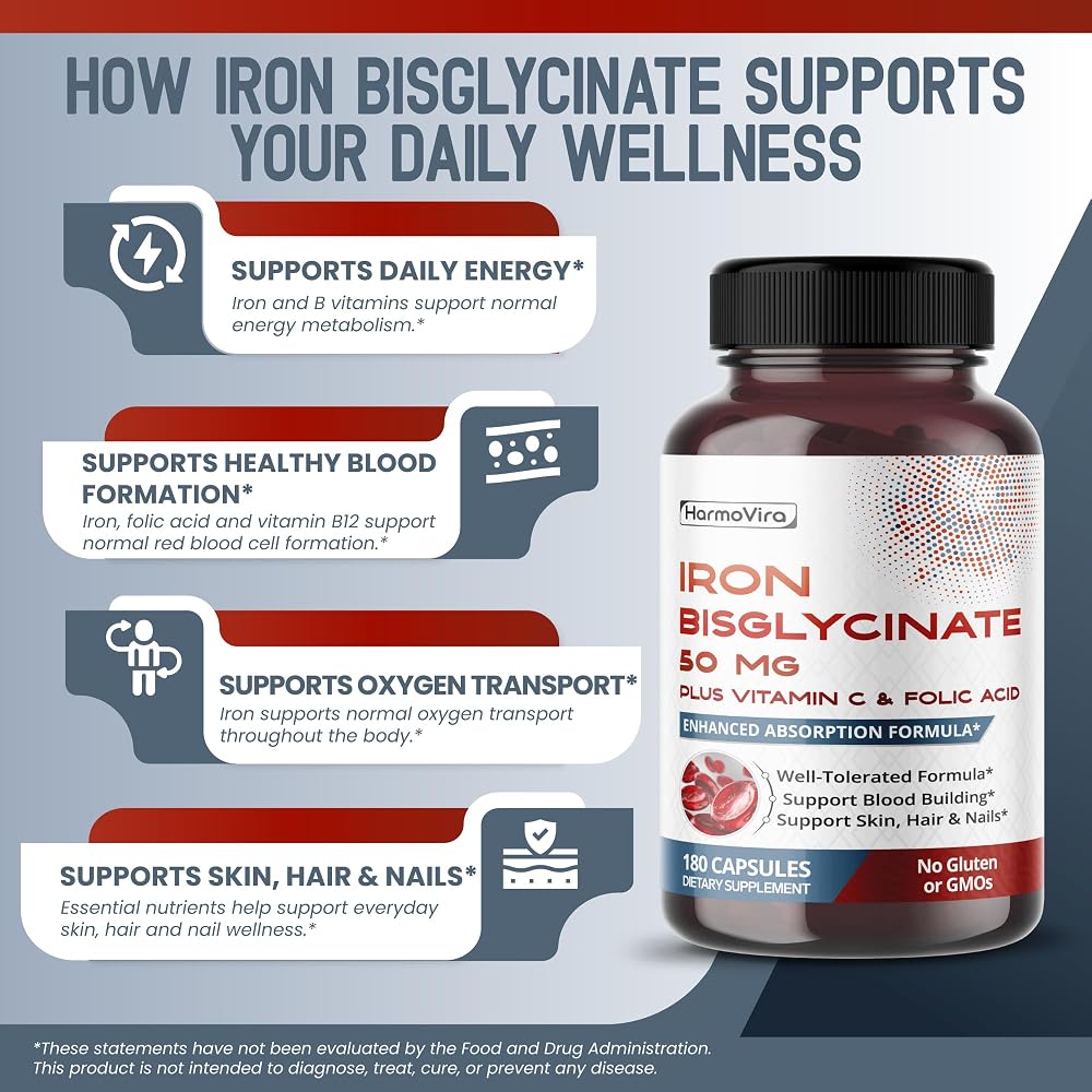HarmoVira Iron Bisglycinate with Vitamin C & Folic Acid - 180 Capsules - image 4