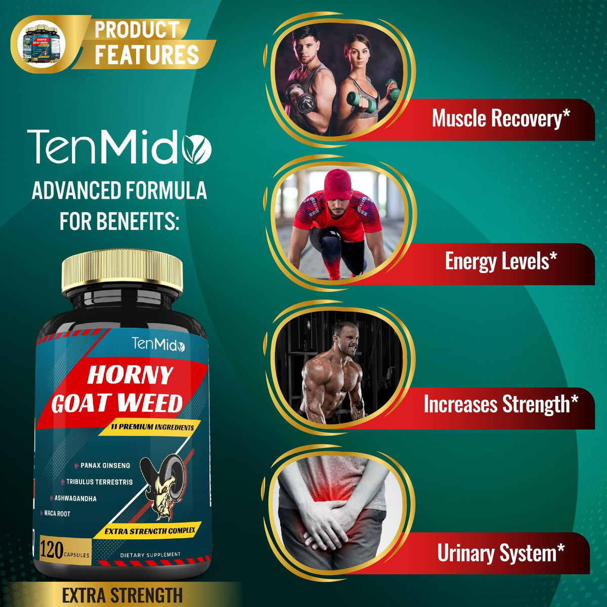 Tenmido Horny Goat Weed Extract with Ginseng & Herbs - 120 Capsules - image 5