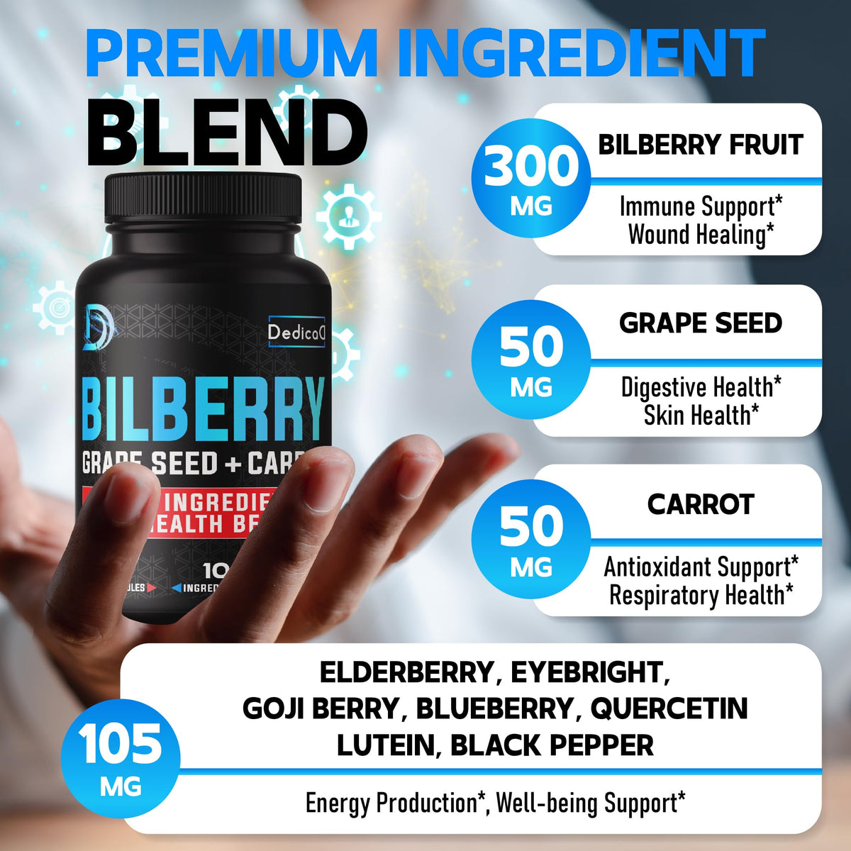 DEDICAD Bilberry Extract 20:1 Capsules Eye Vision Support - 150 Count - image 2