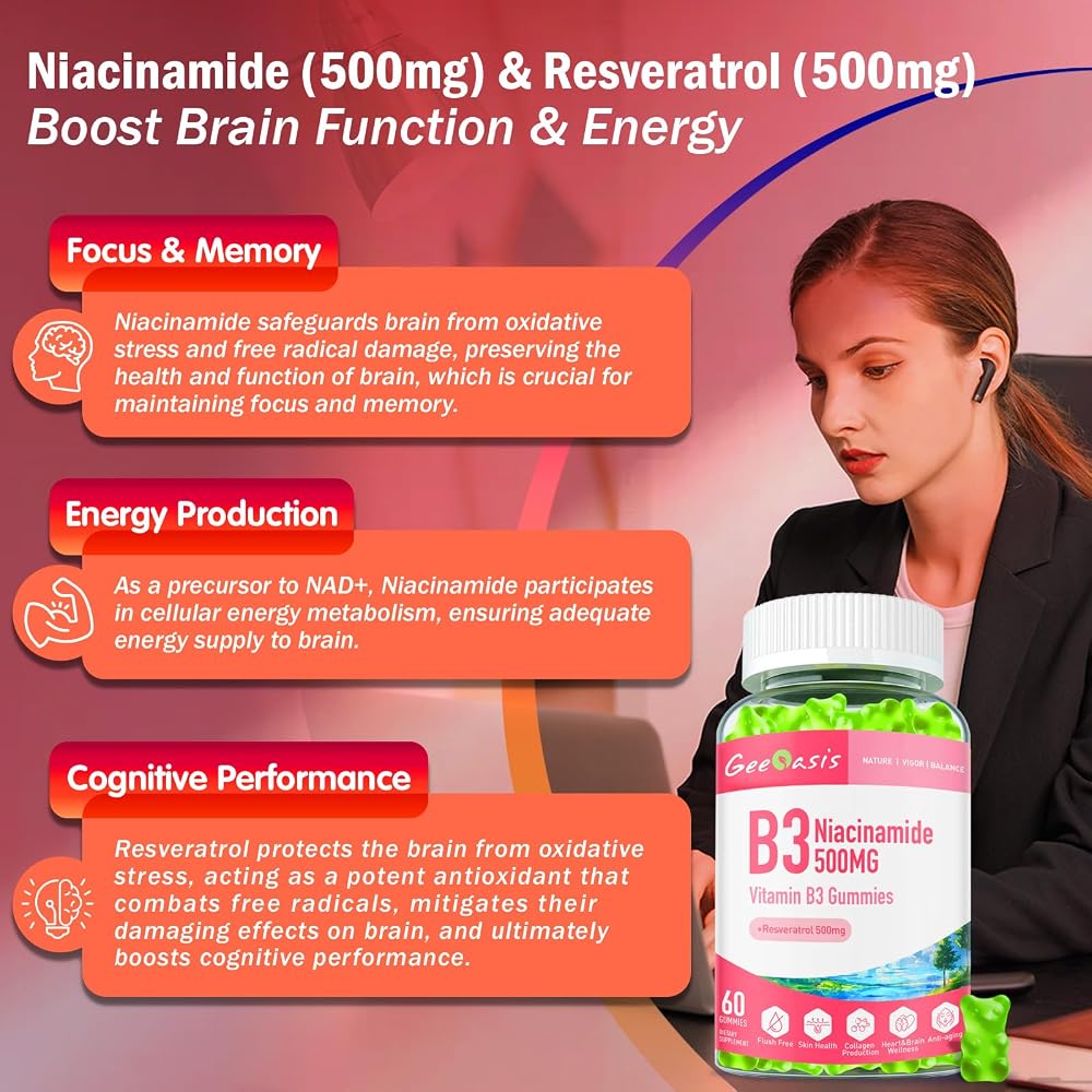 Geeoasis Niacinamide 500mg Gummies with Resveratrol - 60 Count - image 4