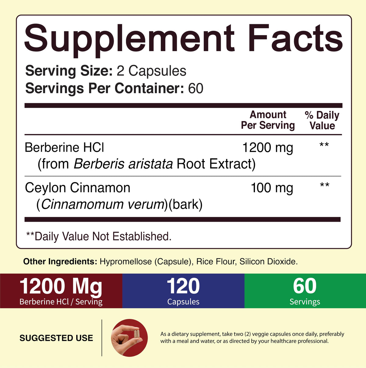 NutriFlair Berberine HCl 1200mg with Ceylon Cinnamon - 120 Capsules - image 2
