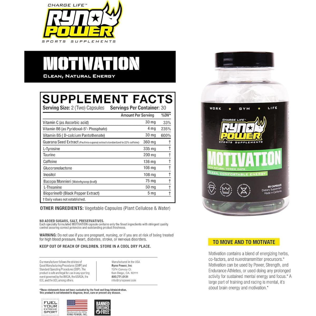 Ryno Power Motivation Pre-Workout Focus Energy Supplement - 60 Capsules - image 4