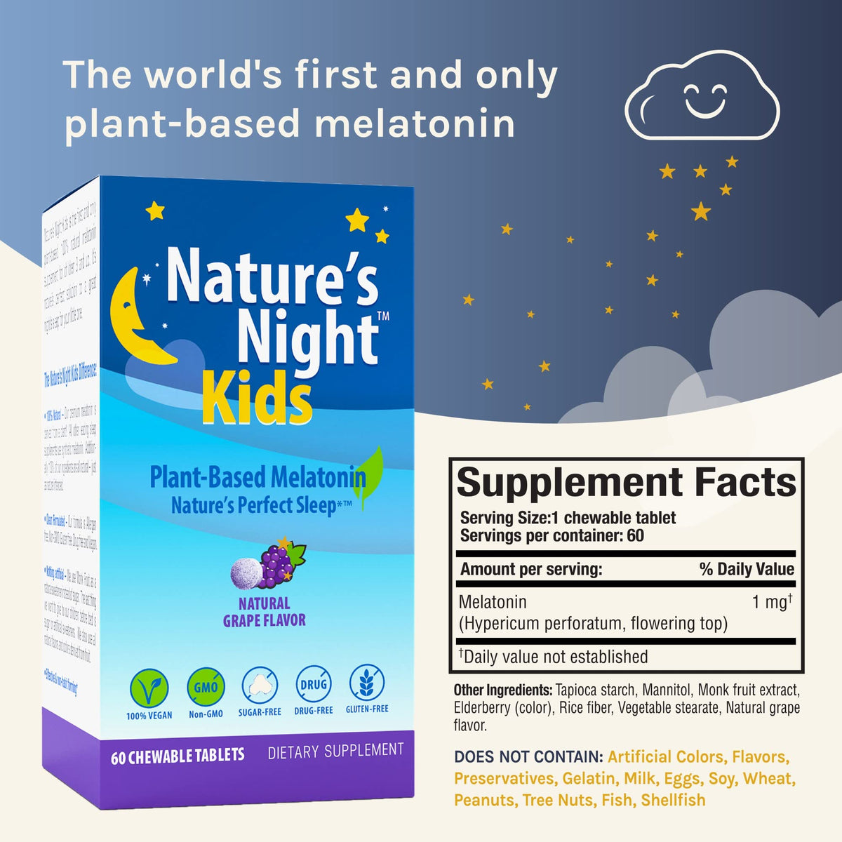 Nature's Night Kids Plant Based Melatonin 1mg Chewable Tablets - 60 Count - image 2