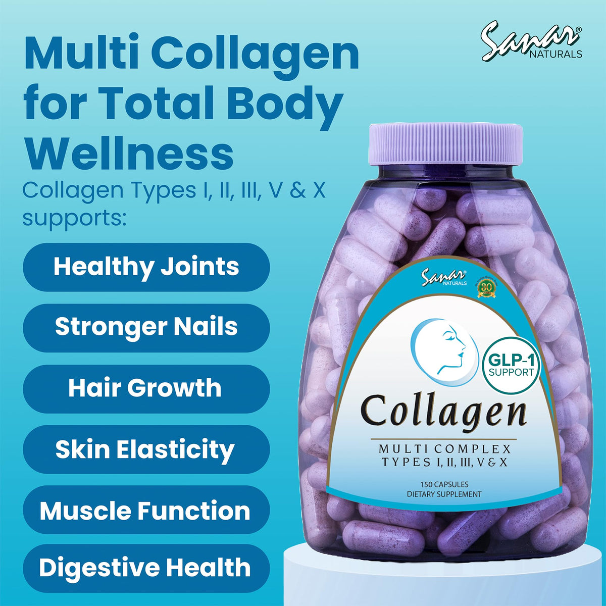 Sanar Naturals Multi Collagen Pills Types I II III V X - 150 Capsules - image 4