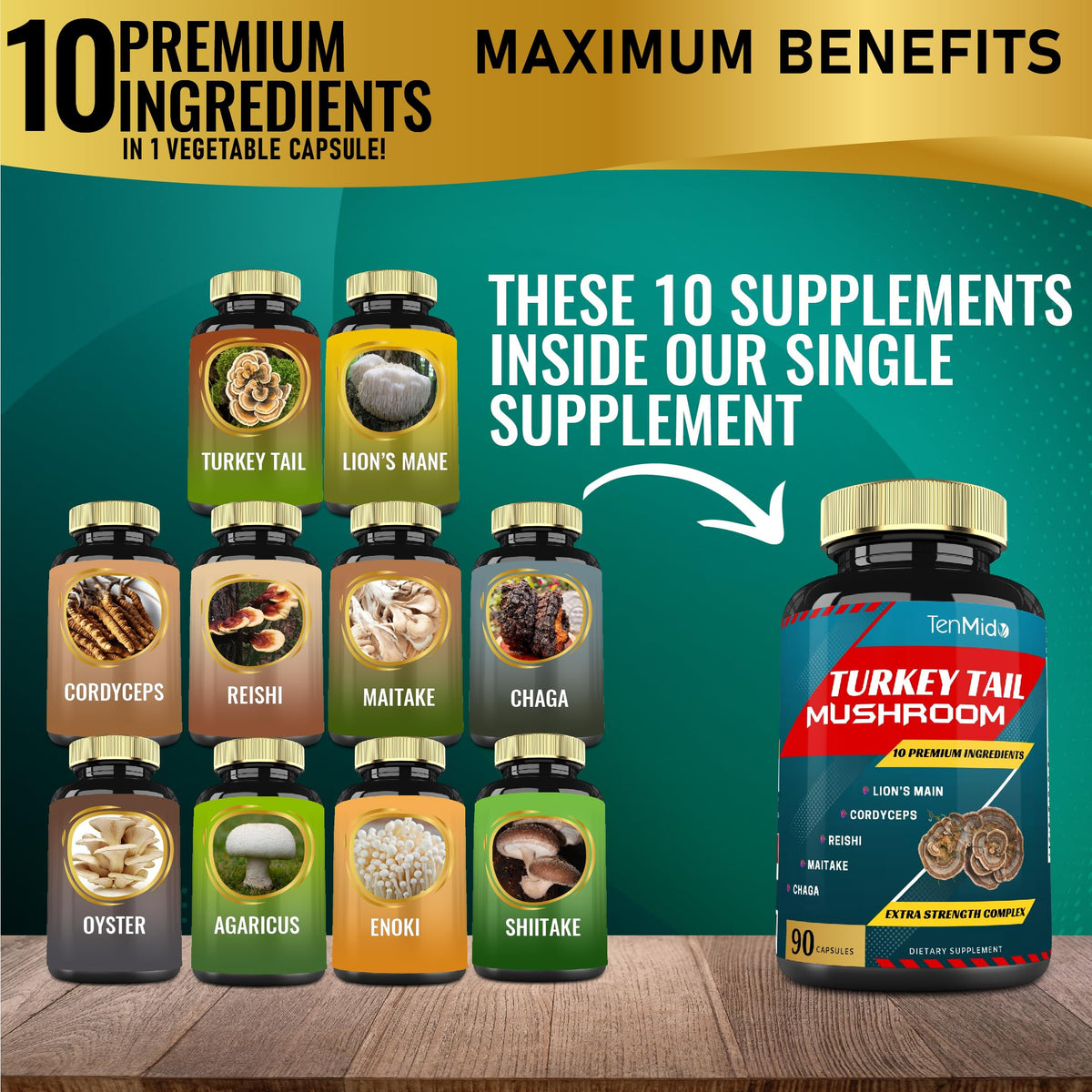Tenmido Turkey Tail Mushroom Supplement with Lion's Mane - 90 Capsules - image 2