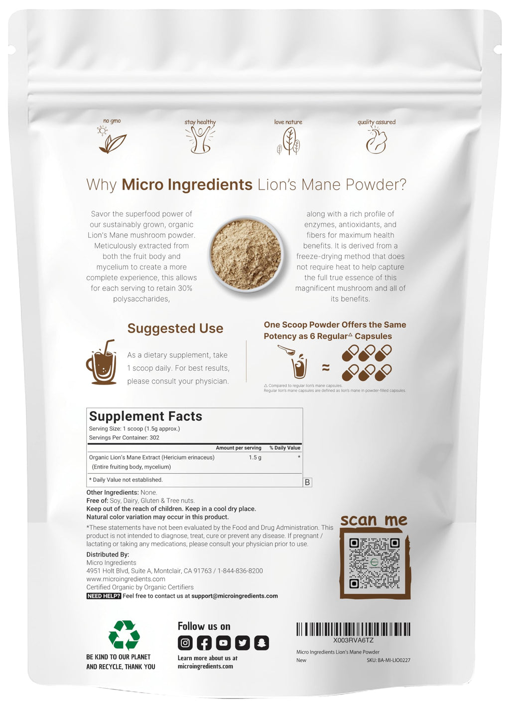 Micro Ingredients Organic Lion's Mane Mushroom Powder - 16oz - image 2