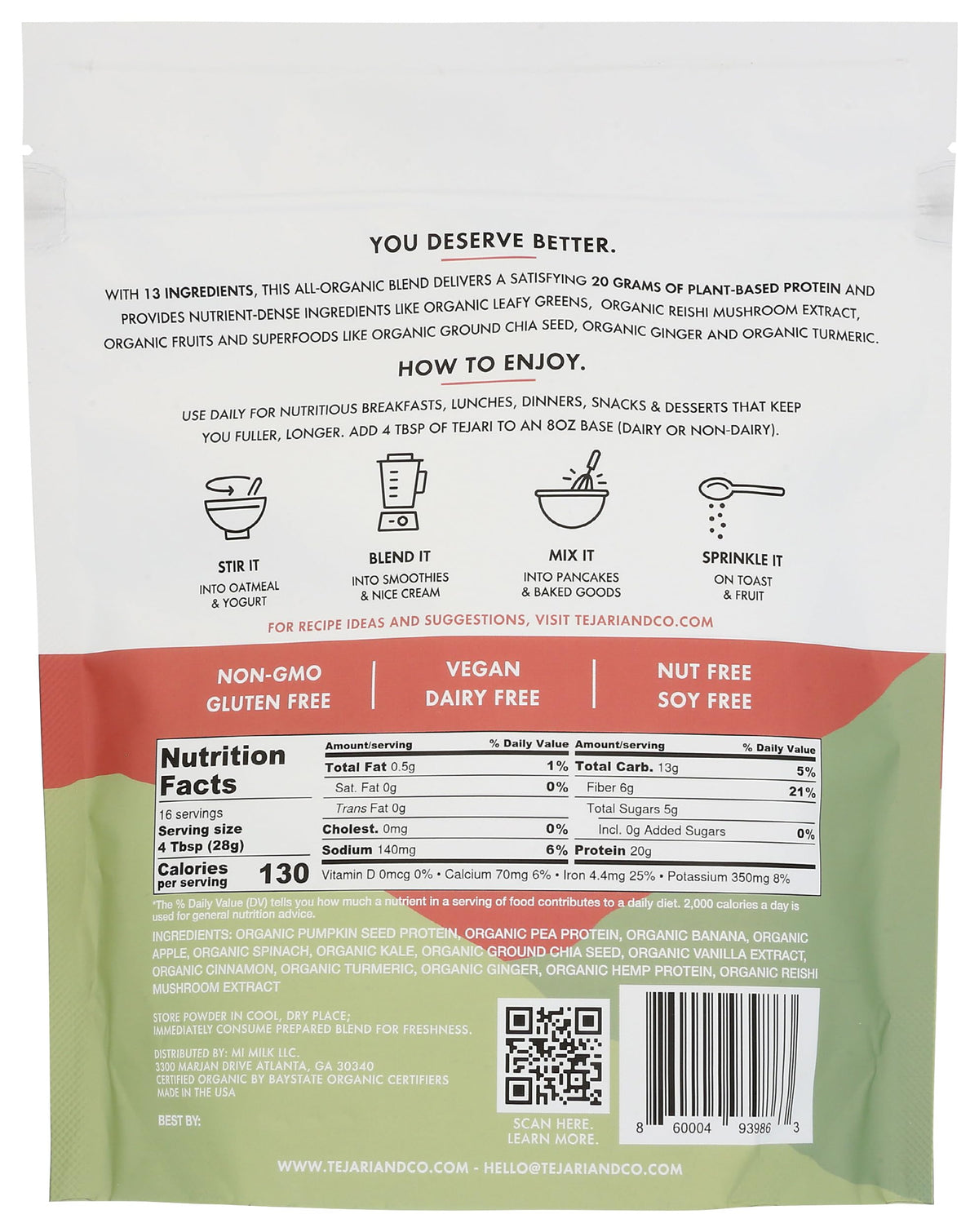 Tejari Organic Plant Based Apples & Greens Superfood Protein - 16 oz - image 2