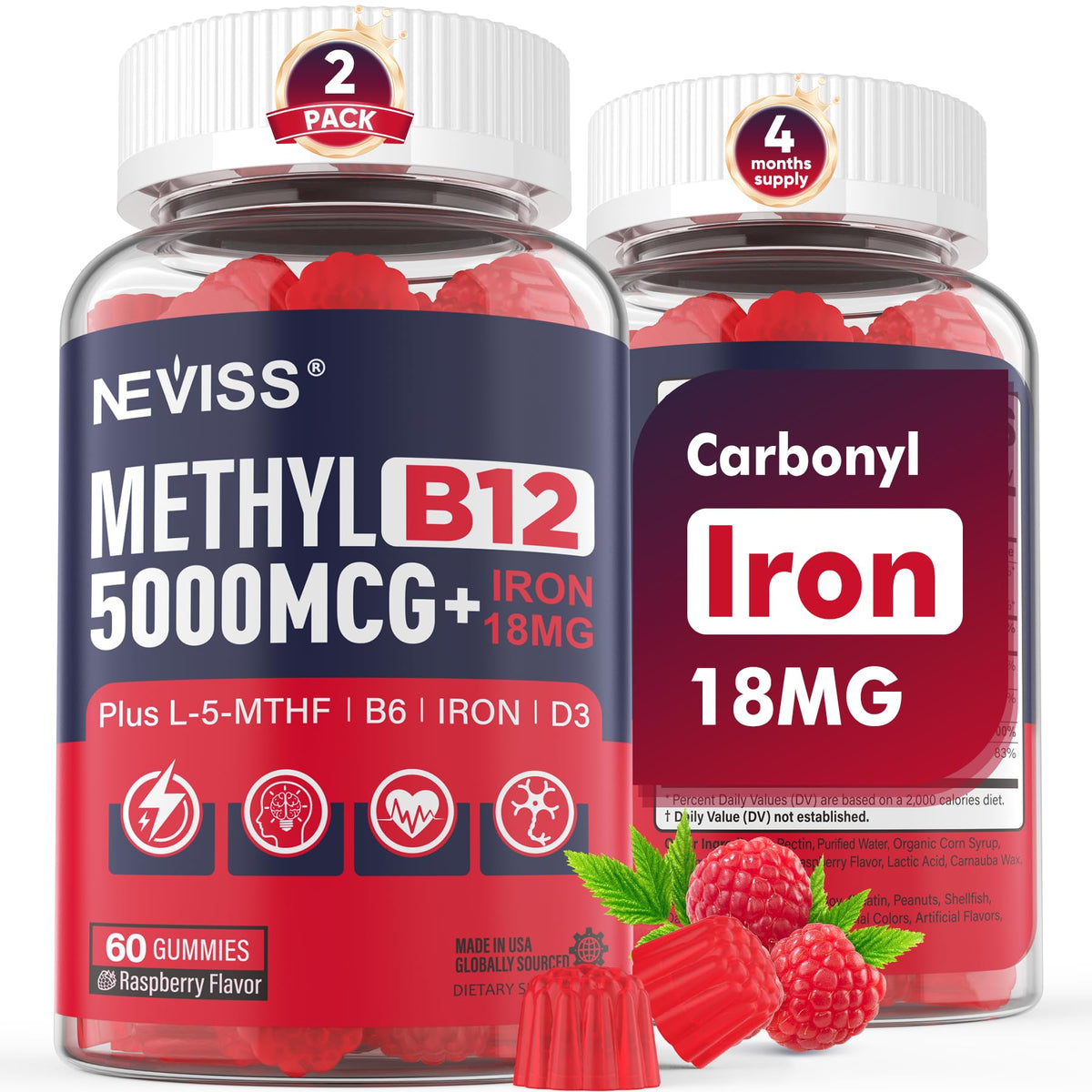 NEVISS Methylated B12 5000mcg Gummies with Iron & Folate - 120 Count