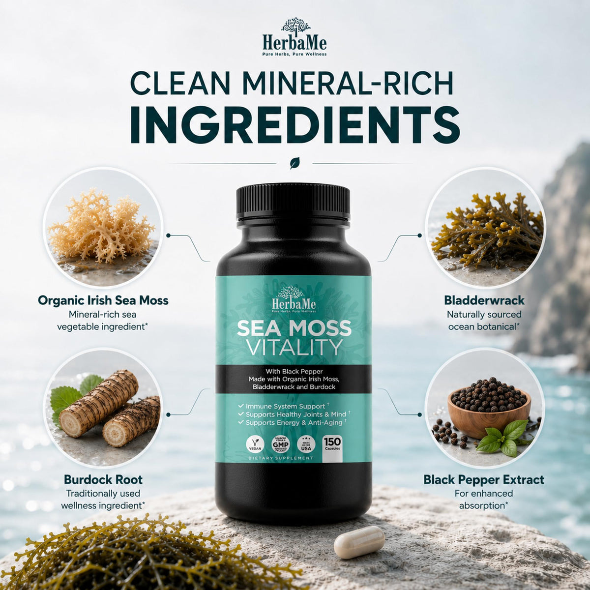HerbaMe Organic Irish Sea Moss with Bladderwrack & Burdock - 150 Capsules - image 4