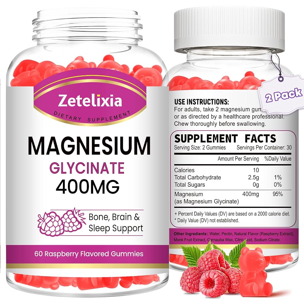 Zetelixia Magnesium Glycinate Gummies, Raspberry Flavor, 60 Count