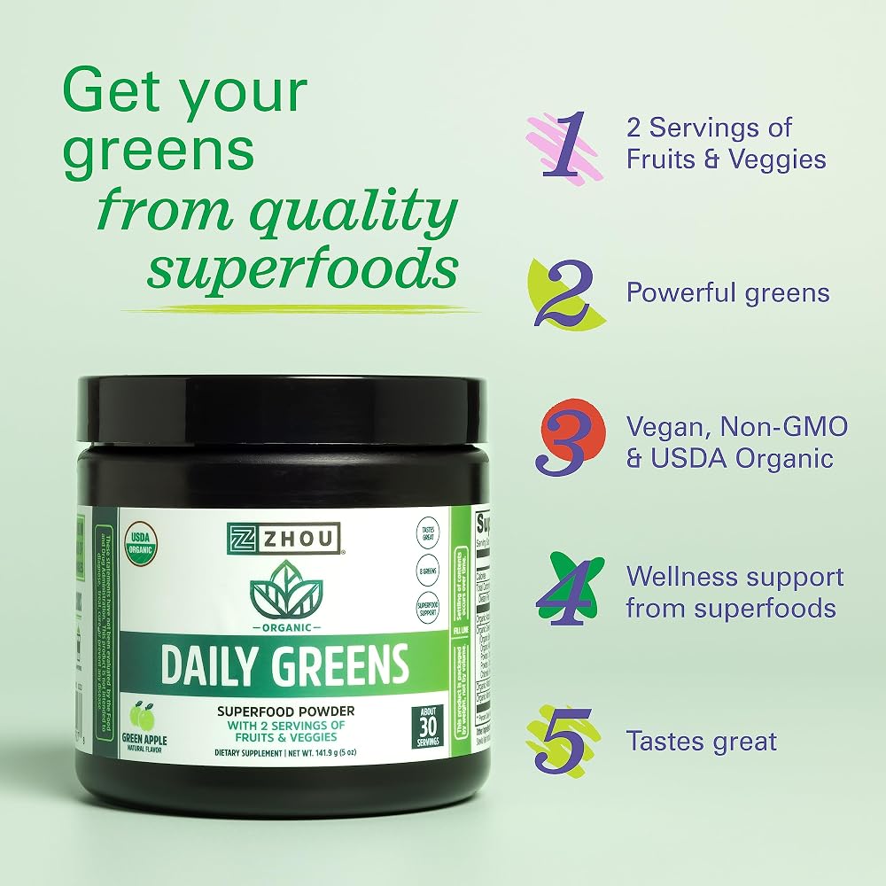 ZHOU Organic Daily Greens Powder Green Apple - 30 Servings - image 3