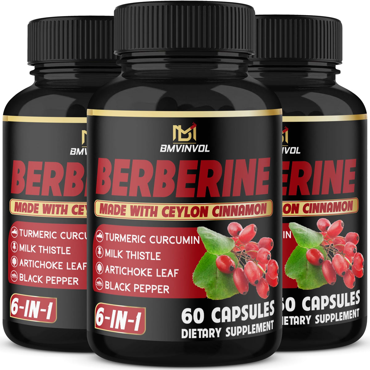 BMVINVOL Berberine Supplement with Turmeric & Milk Thistle - 180 Capsules