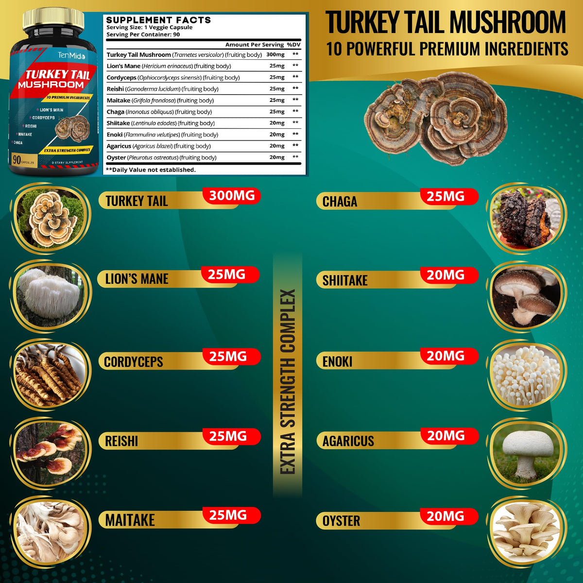 Tenmido Turkey Tail Mushroom Supplement with Lion's Mane - 90 Capsules - image 3