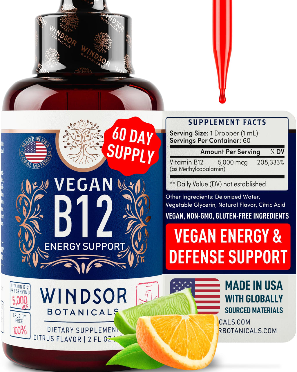 Windsor Botanicals Vegan Vitamin B12 Liquid Methylcobalamin 5000 mcg - 2 Fl Oz
