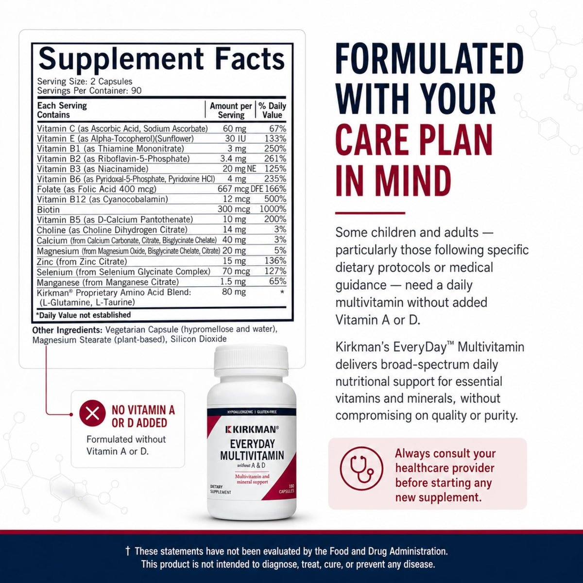 Kirkman Everyday Multivitamin Without Vitamins A & D - 180 Capsules - image 4