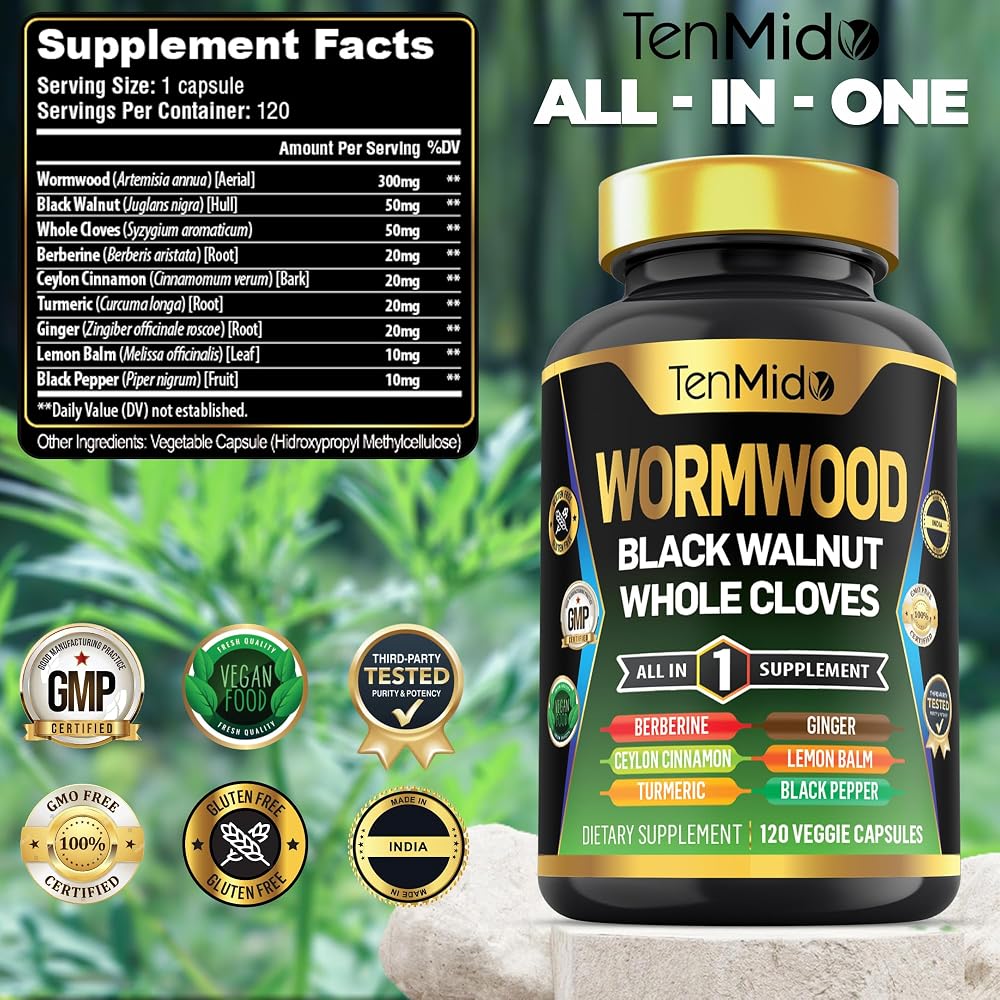 Tenmido Wormwood Black Walnut Clove Capsules - 120 Capsules - image 2
