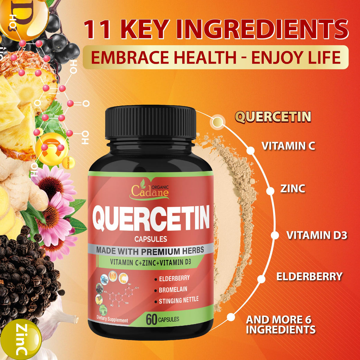 Organic Cadane Quercetin Extract with Vitamin C & D3 - 60 Capsules - image 5