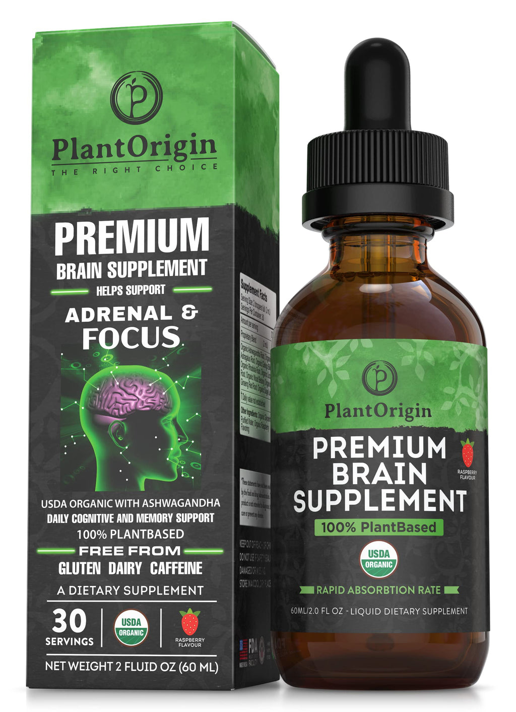 PLANTORIGIN Organic Brain Supplement Liquid Drops for Focus & Memory