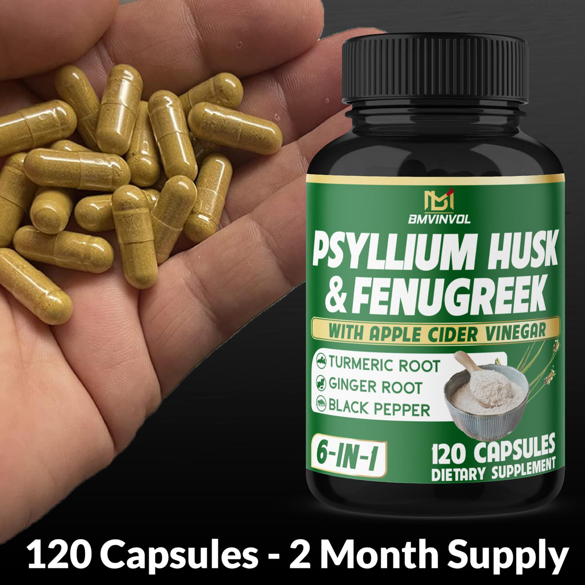 BMVINVOL Psyllium Husk Fiber Supplement Digestion Support - 120 Capsules - image 3