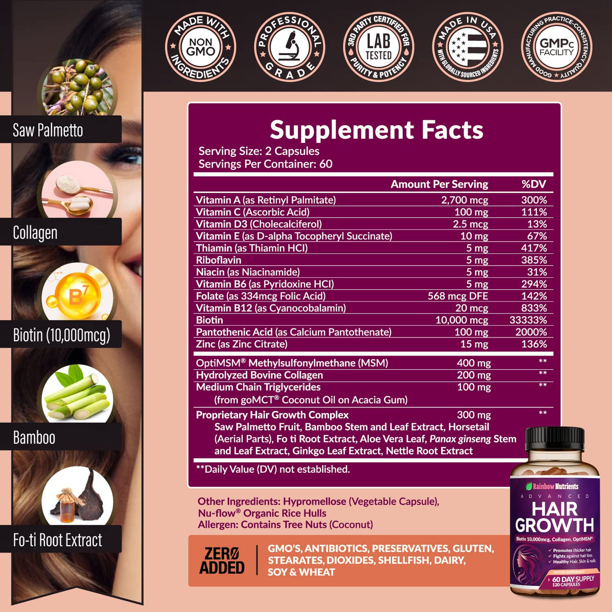 Rainbow Nutrients Hair Growth Vitamins for Women Biotin 10,000mcg - 120 Capsules - image 2