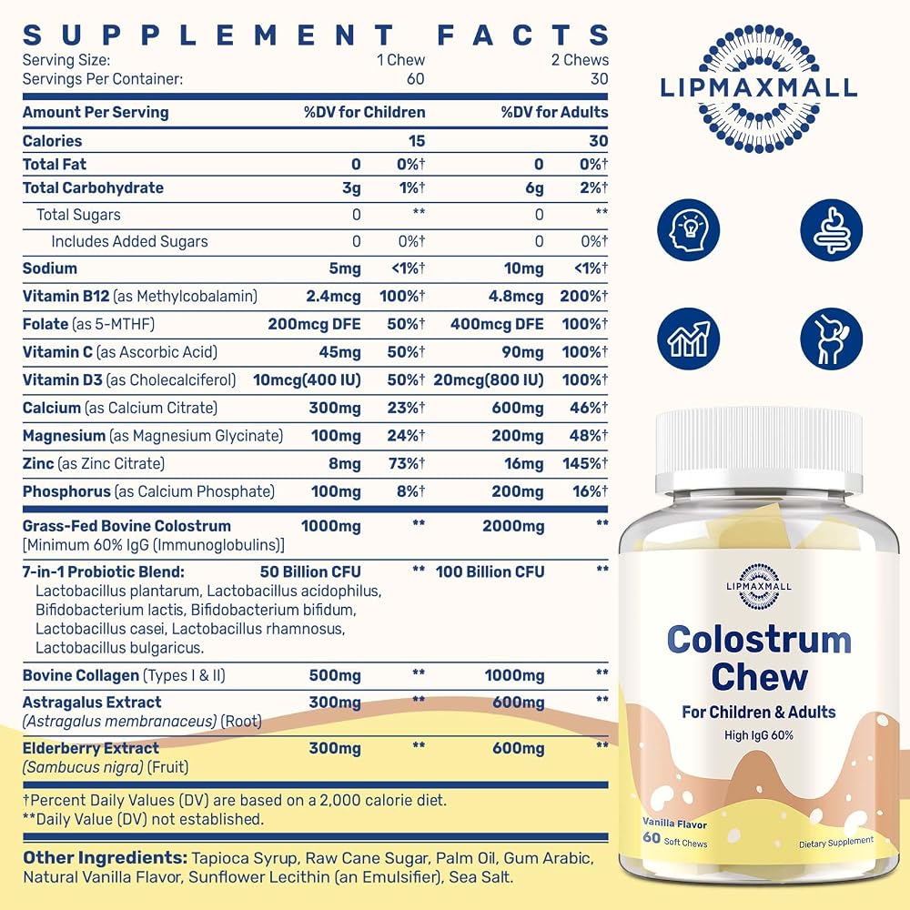 Lipmaxmall Bovine Colostrum Chews 60% IgG Immune Support - 60 Chews - image 2