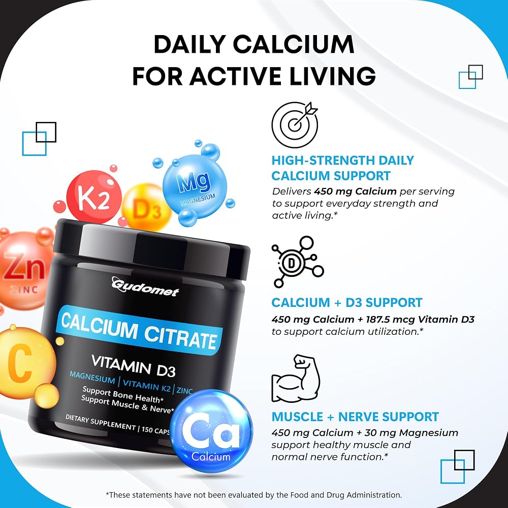 GUDOMET Calcium Citrate with D3 K2 Magnesium & Zinc - 150 Capsules - image 5