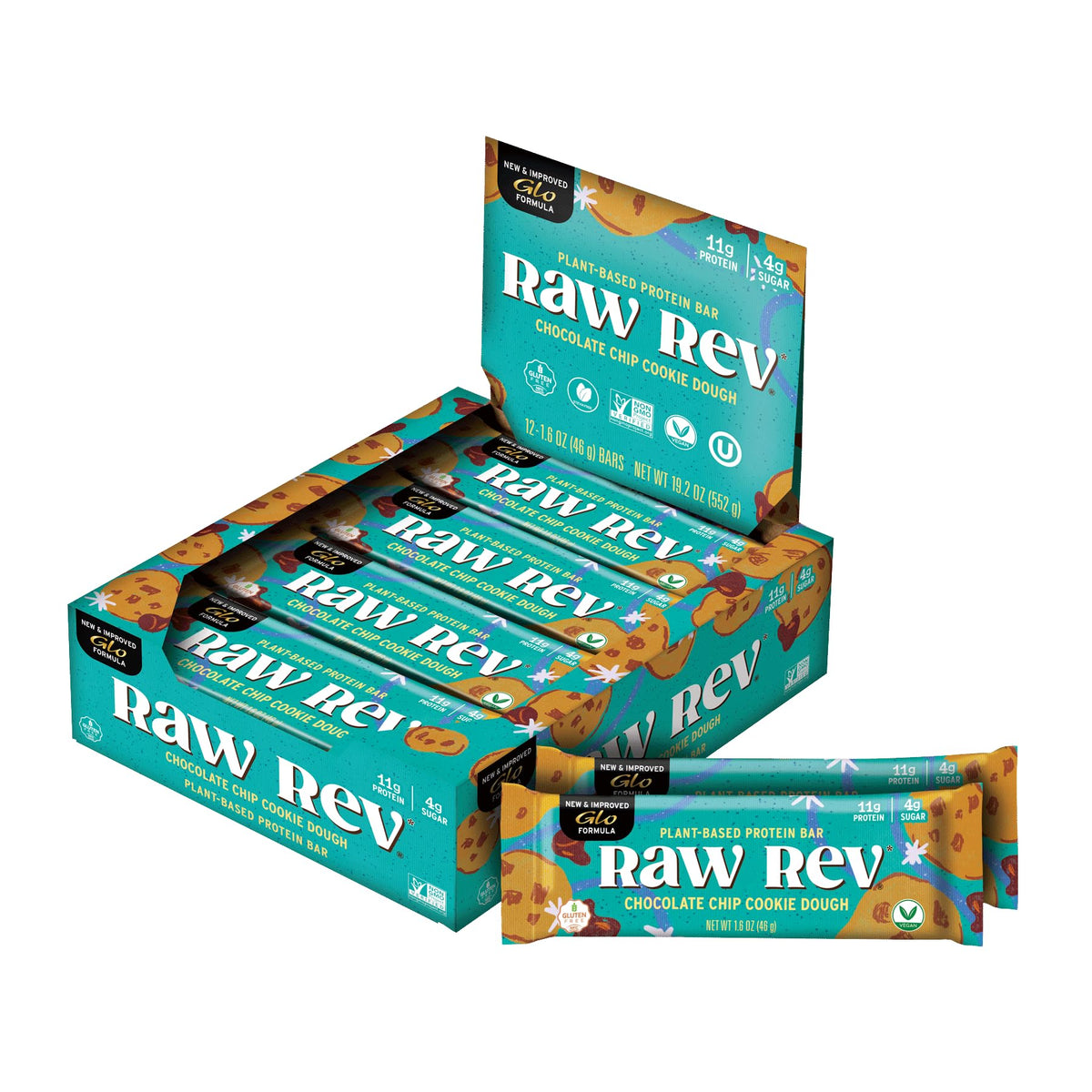 Raw Rev Glo Vegan High-Protein Bars Chocolate Chip Cookie Dough - 36 Count