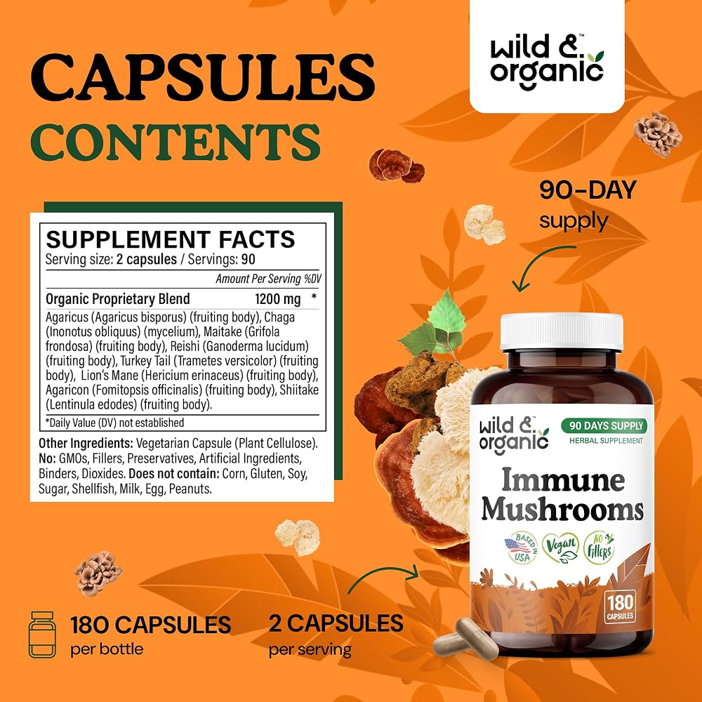 Wild & Organic Immune Mushroom Blend Capsules - 8 Mushroom Complex